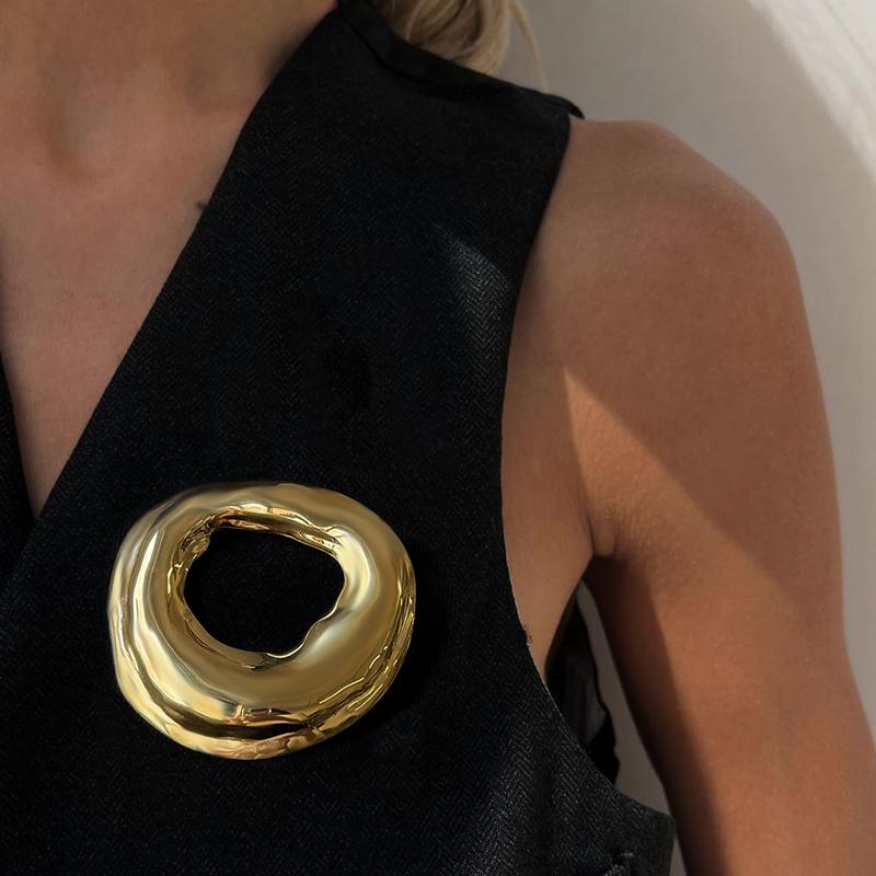 Vintage Stainless Steel Round Irregular Brooch for Women Exquisite Metal Circle Geometric Brooch Suit Accessories Zircon Gift