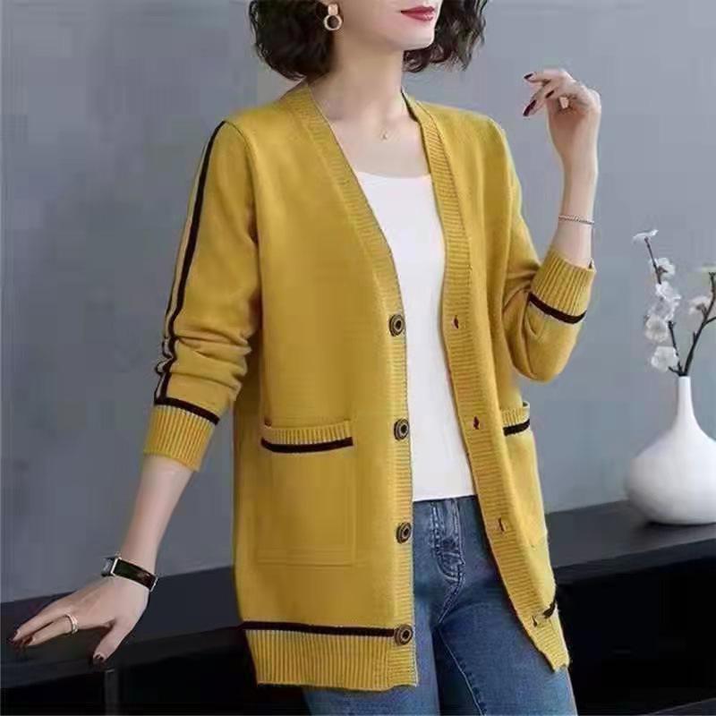 Herbst und Winter Damen V-Ausschnitt Strickjacke Langärmliger Lockerer Mittelanger Gestreifter Pullover