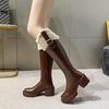 Women's Fleece-Lined Over-the-Knee Cotton Boots with Chunky High Heels and Furry Slimming High-Shaft Design