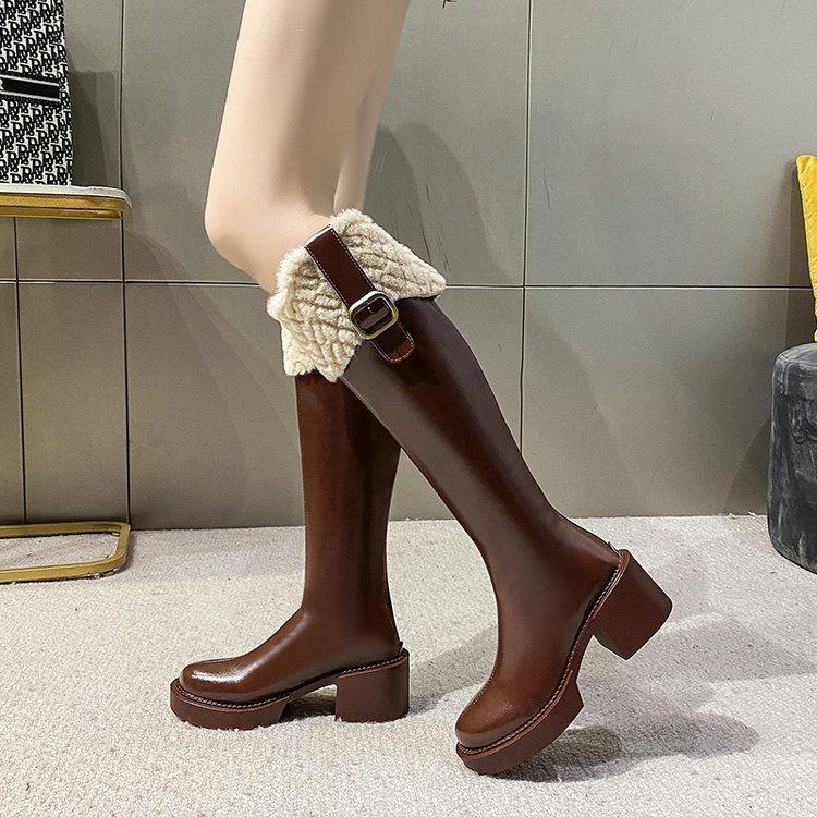 Women's Fleece-Lined Over-the-Knee Cotton Boots with Chunky High Heels and Furry Slimming High-Shaft Design