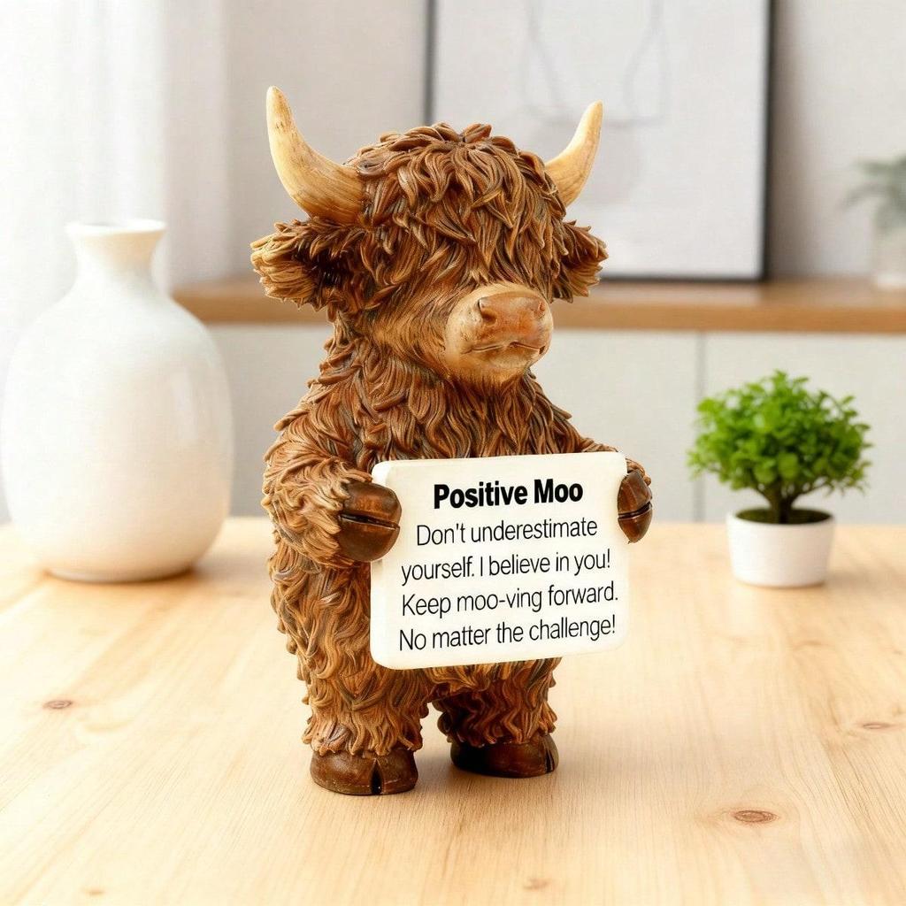 Urocza Statuetka Krowy Szkockiej Rasy Highland, Żywiczna Dekoracja Biurkowa w Stylu Zagrodowym, Prezent Motywacyjny na Biurko, do Domu, na Półkę, Blat