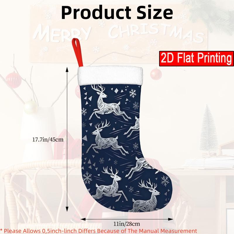 Christmas decoration fireplace hanging stocking1pcs, Dark Blue Background with Silvery-striped Reindeer and Sn