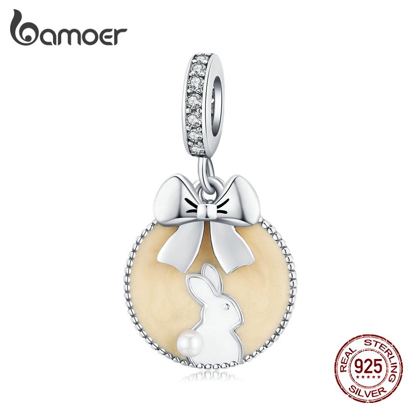 

BAMOER Стерлингового Серебра 925 пробы, подвески в виде кролика с бантиком, милые бусины в виде кролика, подходят к оригинальному браслету-подвеске 925 silver