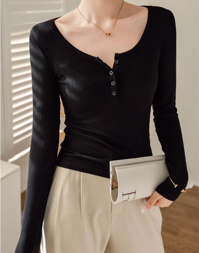 Spring Long Sleeved Slim Fit Base Shirt Button Down T-shirt Top For Women