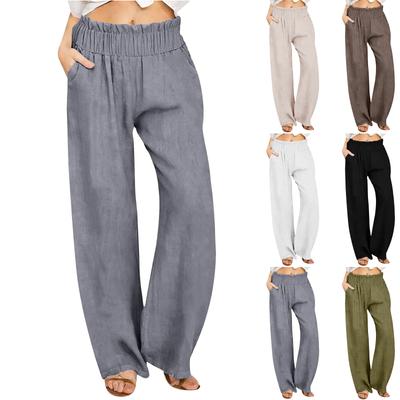 Linen Casual Wide Leg Pants For Women Elastic Waist Versatile Business Casual Work Palazzo Trousers With Pockets