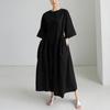 Johnature Korean Bandage Dresses Summer Casual Simple Solid Color Loose O-neck Short Sleeve Pockets Dress