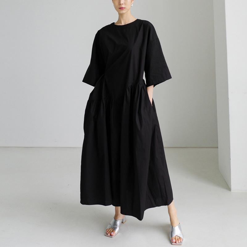 Johnature Korean Bandage Dresses Summer Casual Simple Solid Color Loose O-neck Short Sleeve Pockets Dress