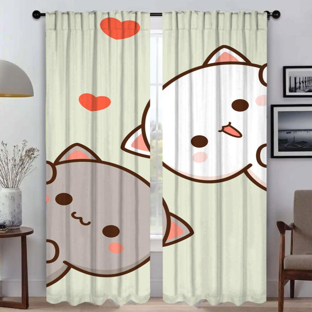 Zasłony Kuchenne 2 Sztuki Brzoskwiniowy Kot Mochi Zasłona do Salonu Tiul do Sypialni Dekoracja Halloween Zasłony do Wnętrza Domu
