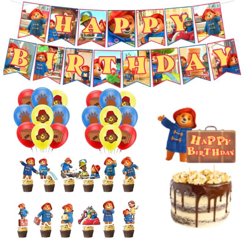 Party Bear Birthday Decor Set Banner Cake Toppers Balloons Pull Flag
