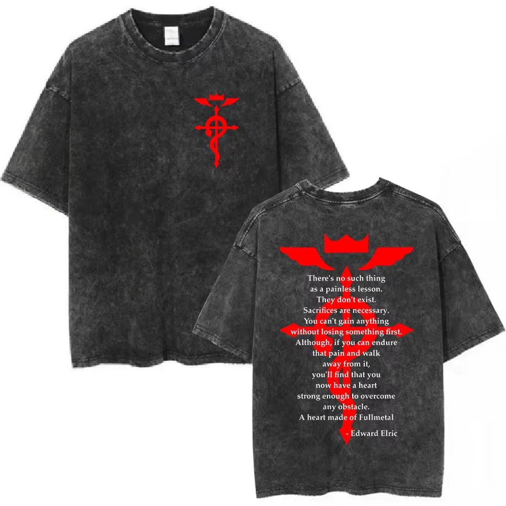 Anime Fullmetal Alchemist Graphic T‑Shirt Men Women Casual Oversized Vintage Washed Cotton Short Sleeve Streetwear Tee Tops