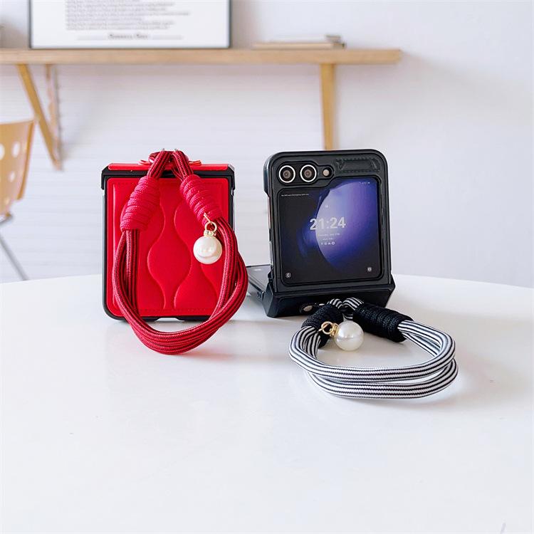 Applicable to Samsung ZFlip5 folding mobile phone case three-dimensional wavy zflip4 portable lanyard protective leather case