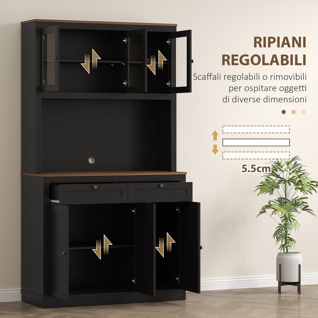 Tall Kitchen Sideboard with 4 Cabinets. 2 Drawers and a Central Shelf. 100x40x180cm. Black