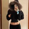 Giacca Corta da Donna Autunno Inverno con Cappuccio Spesso e Collo in Pelliccia Crop Coat Estetica Y2K Harajuku Streetwear Zip Up