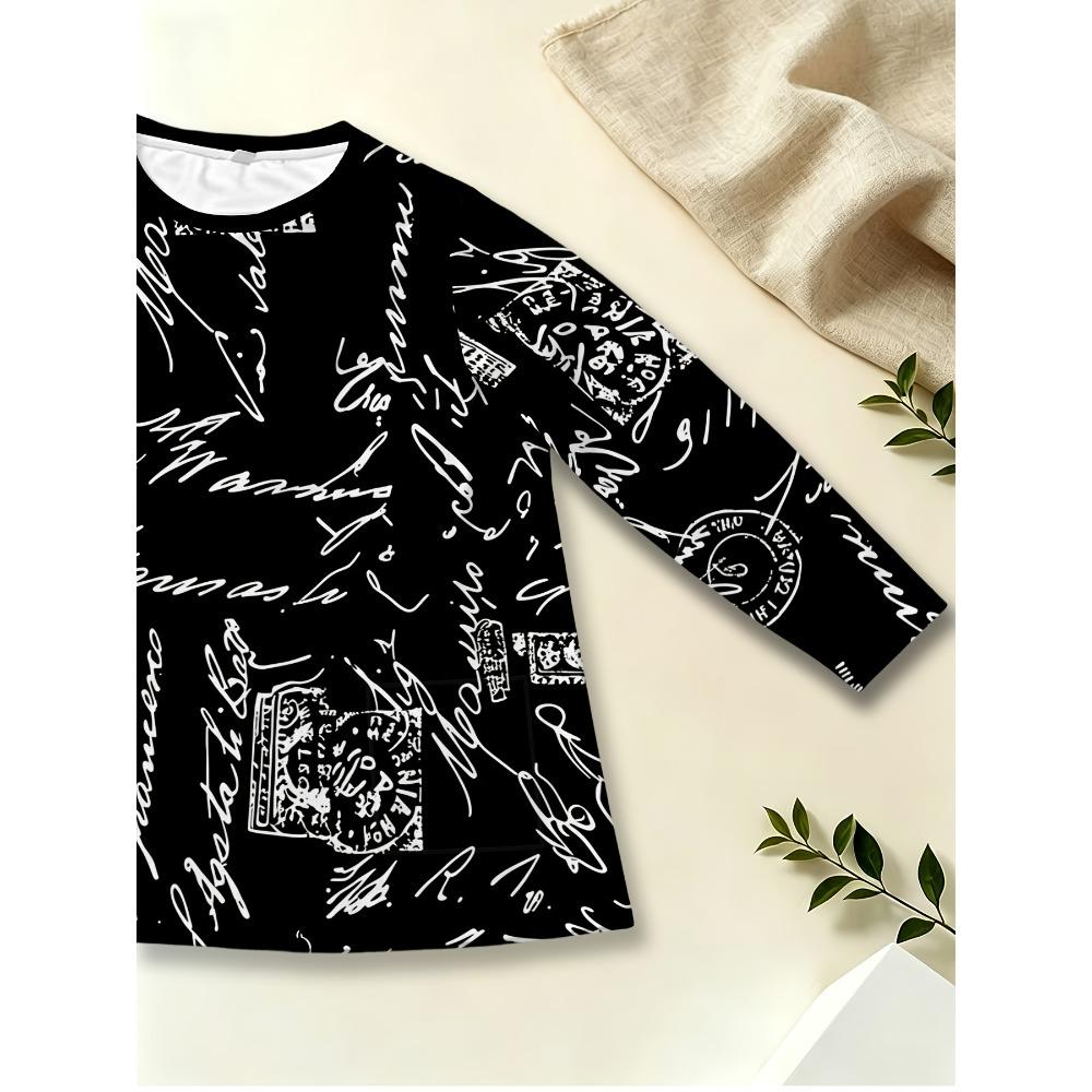 Women's Crew Neck Long Sleeve Top Black Bottom White Handwritten English Letters Postmark Full Printed Pocket Casual Top