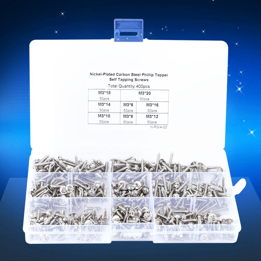 400pcs NickelPlated Carbon Steel Self Tapping Screw Precise Tapping Screw Set M3