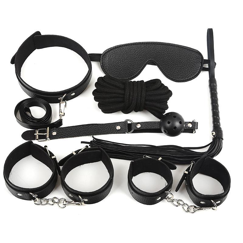 Schwarz Rotes Leder 7-teiliges Fessel-Set Handfesseln für Paare BDSM Flirten Spanking Bestrafen Rollenspiel Kinky Erwachsenen Sexspielzeug