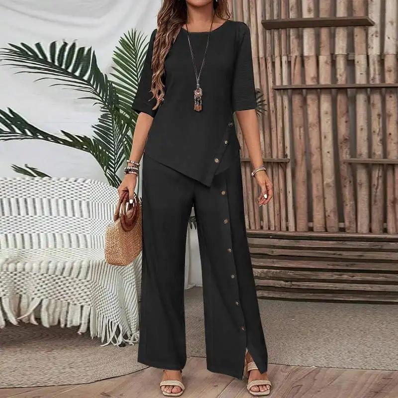Women's Asymmetrical Top and Wide Leg Pants Set