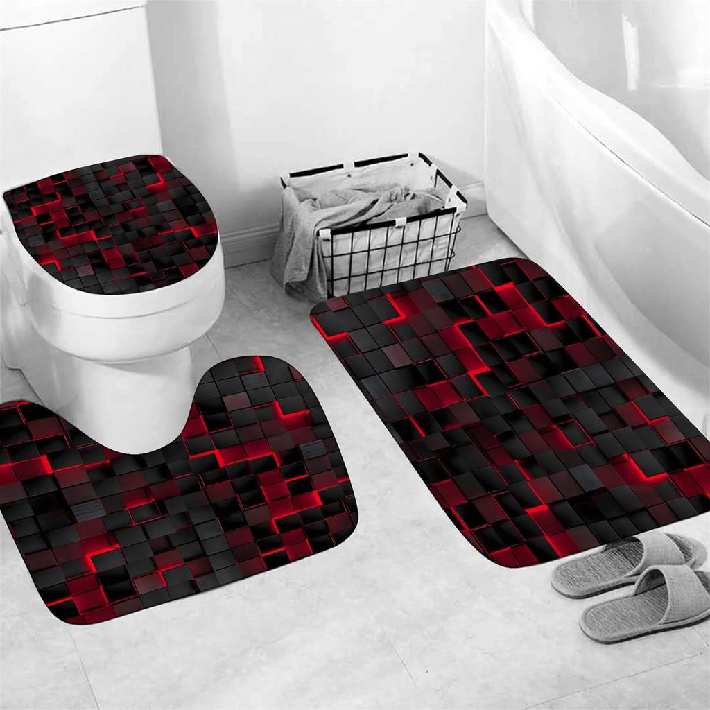 Red Grid 3D Visual Geometry Art Shower Curtains Washable Fabric Polyester For Bathtub Art Bathroom Decor With Hooks Waterproof
