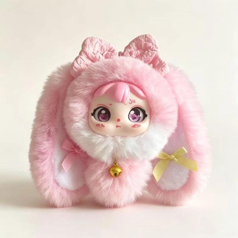 Soft Fluffy Long Eared Bunny Plush Toy Kawaii Face Bow Bell Perfect For Kids Gift Collection Desktop Decor