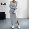 Daily Wear Autumn Dresses Women Round Neck Knitted Dress, Long Sleeve Pullover Sweater Formal Work Solid Color Stretchy Split Bodycon Dress for Winter