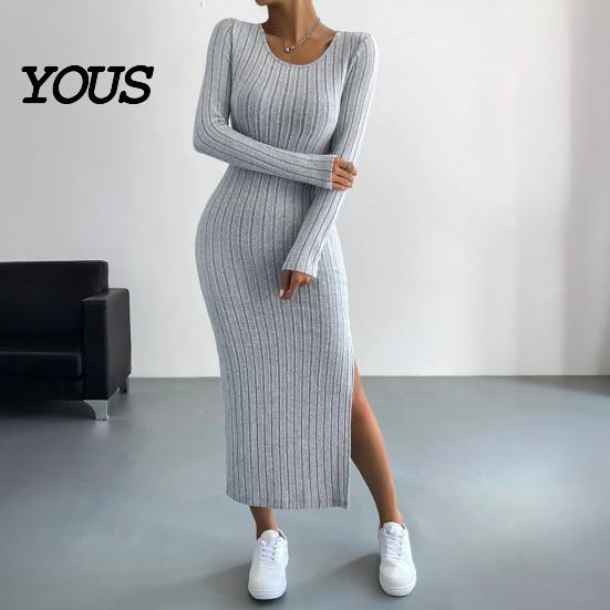 Daily Wear Autumn Dresses Women Round Neck Knitted Dress, Long Sleeve Pullover Sweater Formal Work Solid Color Stretchy Split Bodycon Dress for Winter