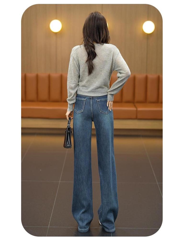 Retro Blue Rhinestone High-Waist Straight Leg Jeans for Women - Stylish, Versatile, Slimming Pants for Spring, Autumn, and Winter 2026
