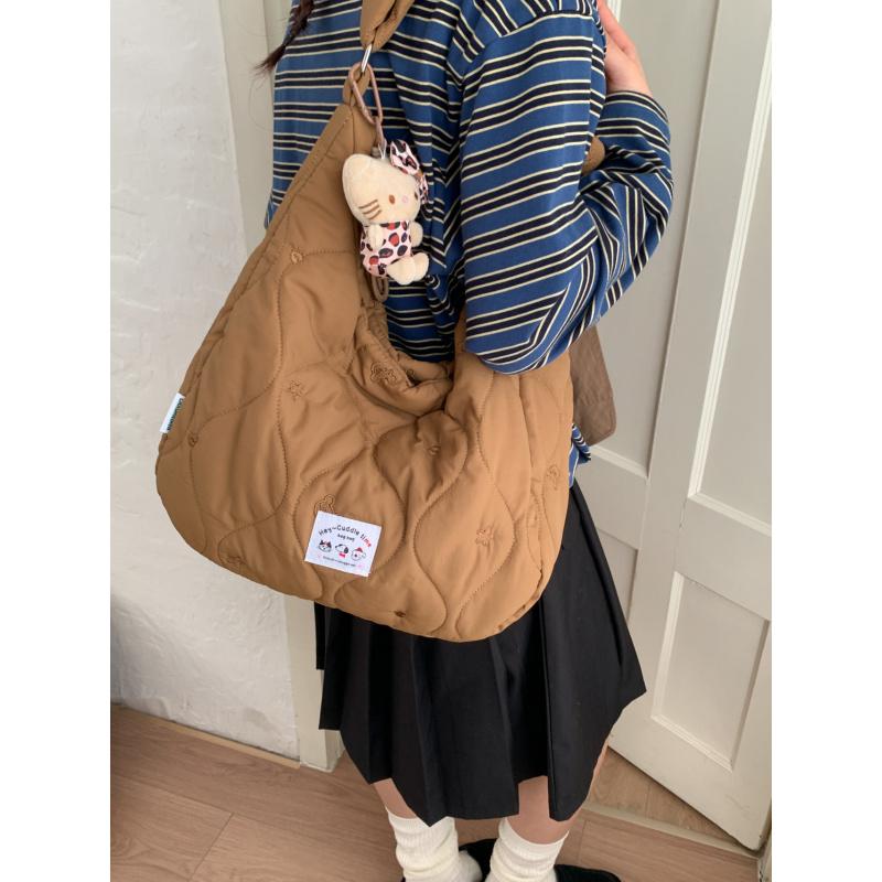 Quilted Embroidered Padded Bag for Women, Simple and Versatile Crossbody Bag, Elegant Down-filled Soft Shoulder Bag, Cute Embroi