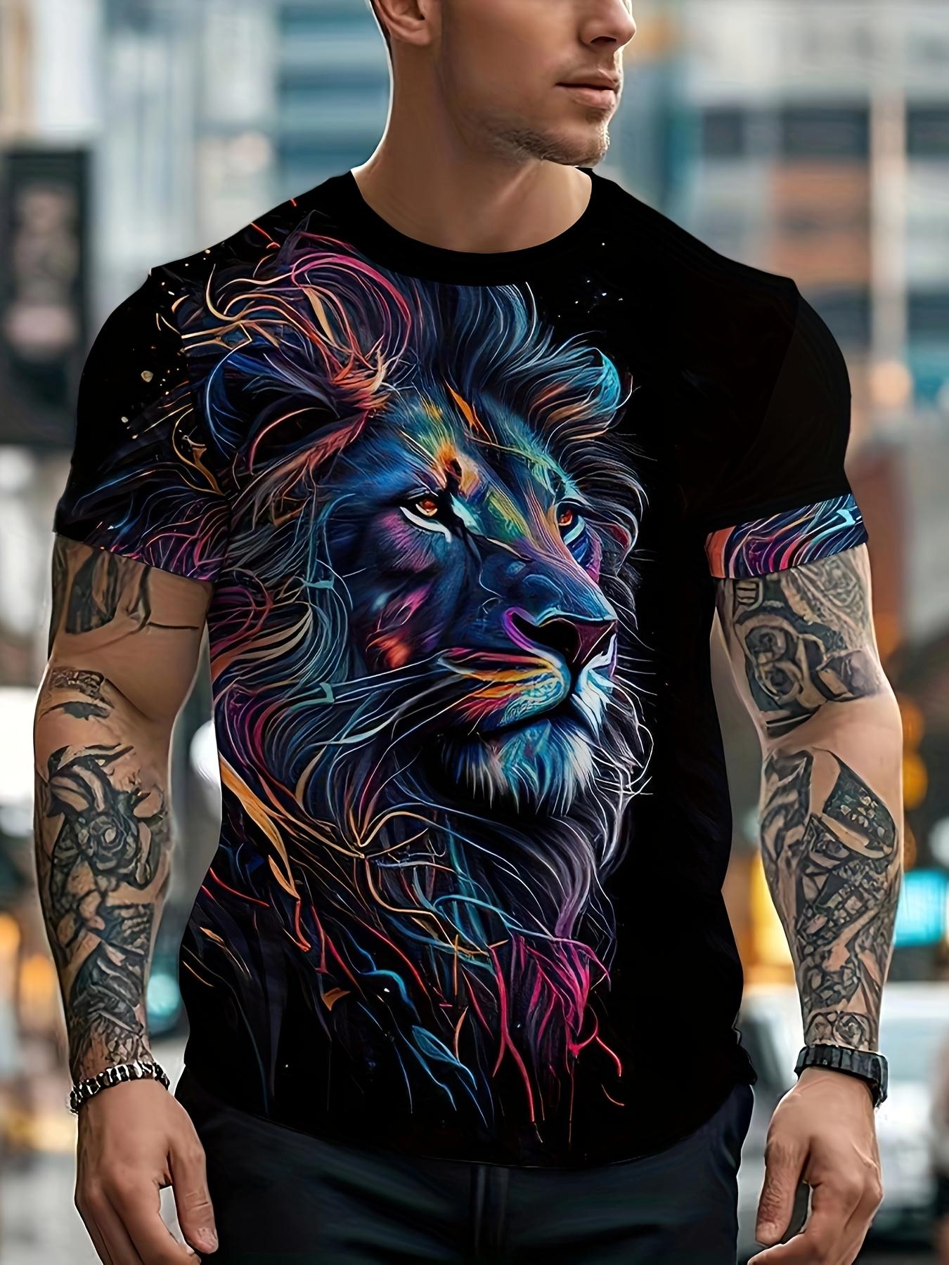 Summer Men s Round Neck T-shirt with Lion Pattern, Casual and Comfortable T-shirt as a Gift, Outdoor Clothing S