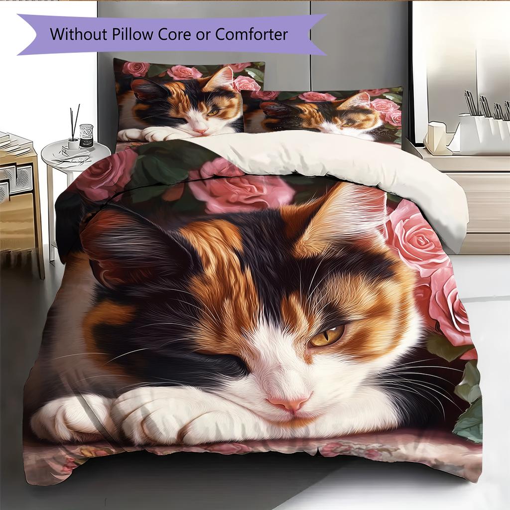 Rosa Calico-Katzenmuster Bettwäsche Heimdekoration Geburtstagsgeschenk (1 Bettbezug + 2 Kissenbezüge, ohne Füllung)