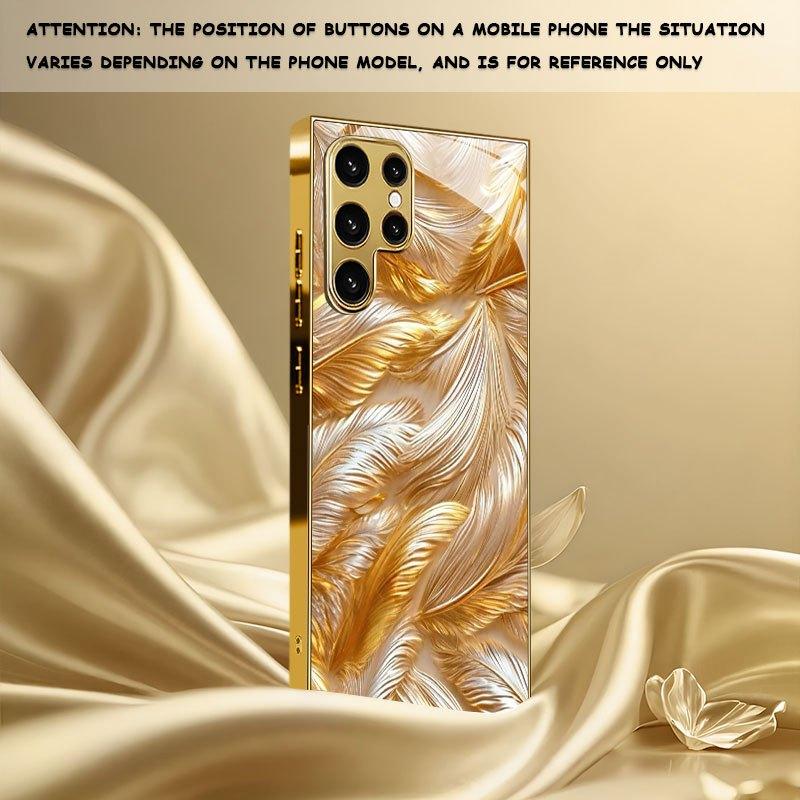 Gold-plated Tempered Glass Phone Case  Compatible Galaxy S26 S25 S24 S23 S22 Ultra Plus. Features a Gold Feather Texture Design.