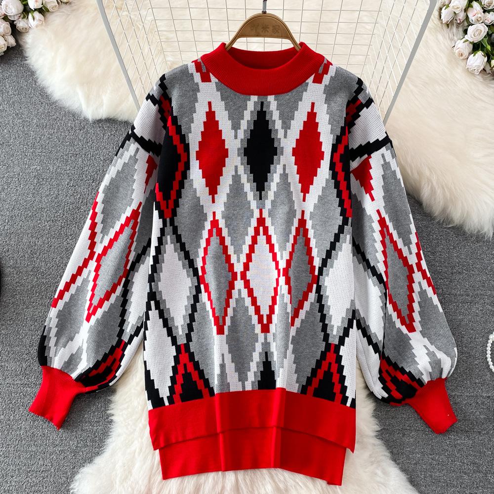 Conjunto de Moda para Mujer Otoño Invierno Suéter Holgado de Manga Larga a Cuadros Conjunto de Dos Piezas Pantalones de Punto Rectos de Pierna Ancha Adelgazantes de Cintura Alta