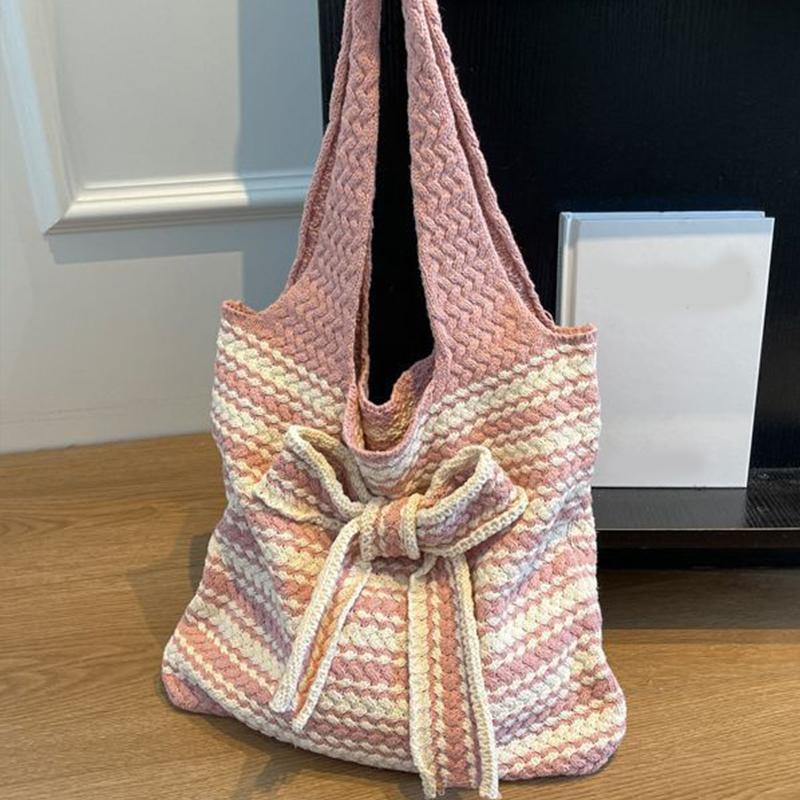 Nova Bolsa de Crochê Listrada com Laço Grande Capacidade Casual Bolsa de Ombro Tecida Multicolorida Bolsa de Tricô Feita à Mão