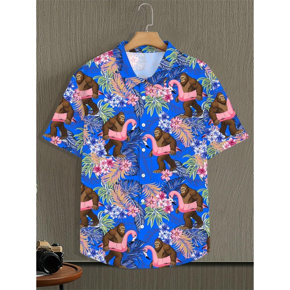 2026 Men's Summer Shirt Lapel Design Swimming Circle Gorilla Pattern Men's Large Size Shirt Fashion Loose Seaside Partywear