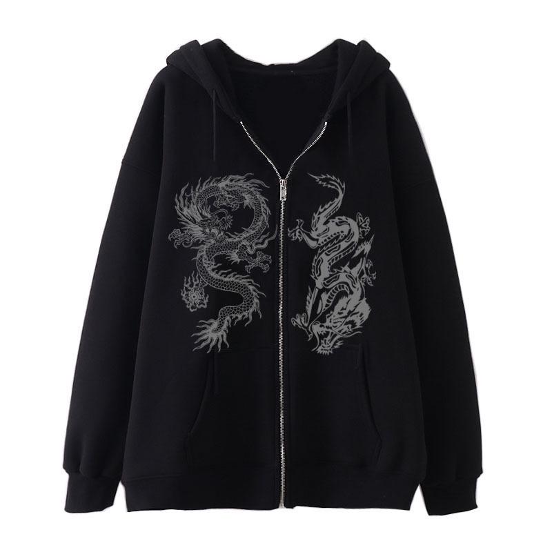 Women's Dragon Print Zipper Hoodie, 2025 European & American Trendy Loose Fleece Jacket