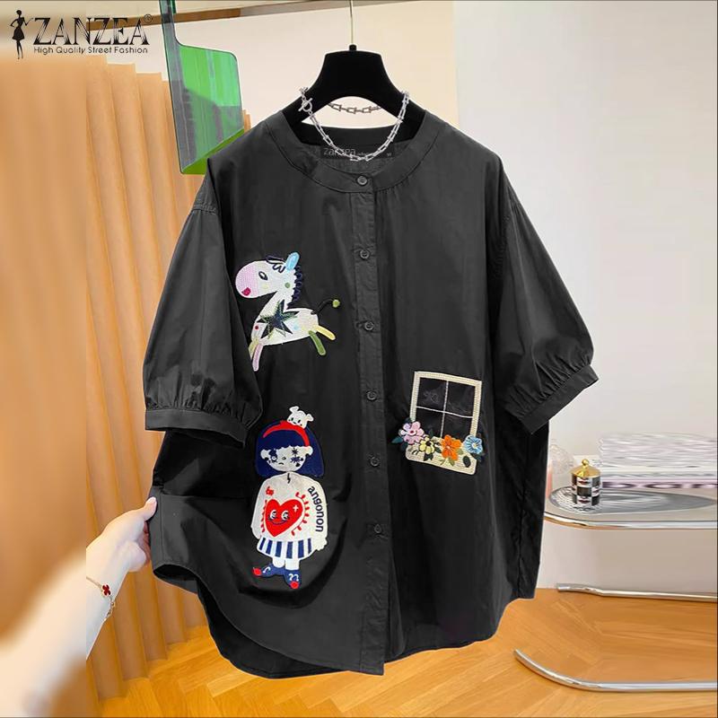 ZANZEA Damen Rundhals Casual Kurzarm Print Bluse