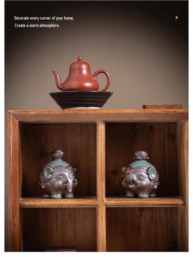 Ceramic Elephant Figurines - Wealth-Bringing Home Decor for Living Room, Wine Cabinet, or Foyer.