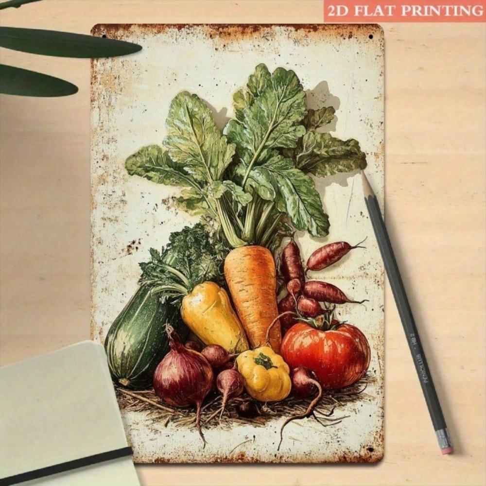 Vintage Metal Veggie Sign 8x12 – Rustic Farmhouse Wall Decor with Carrots, Tomatoes, Squash, Radishes