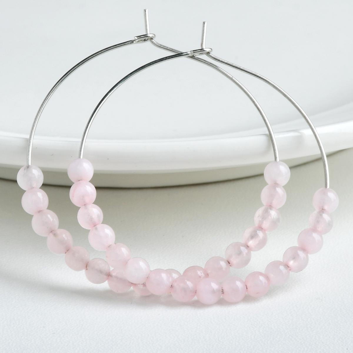 

4mm Natural Stone Round Beads Dangle Earrings Bohemian Women Trendy Summer Holiday Handmade Zircon рожевий кварц кольору