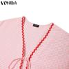 VONDA Women V-Neck Long Sleeve Bow Knot Plaid Heart Print Casual Loose Shirts