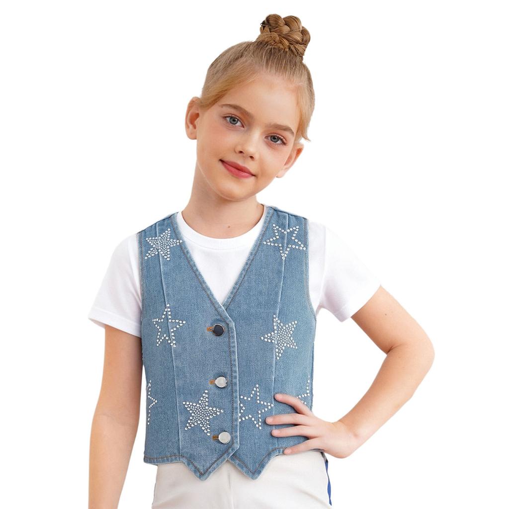 Girls Shiny Rhinestone Stars Denim Vest Buttons Sleeveless Jacket Asymmetrical Waistcoat Birthday Party Top