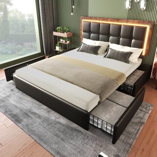 Bed Frame with LED Lighting Bar and 4 Drawers, Double Bed Upholstered Bed 140x200cm, Height-Adjustable Headboard, Functional Bed, Faux Leather Black