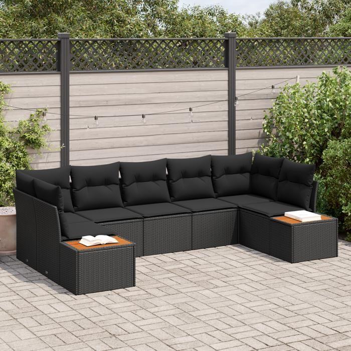 VidaXL Canapé de jardin 7 pièces avec coussins noir poly rotin acacia 3348159