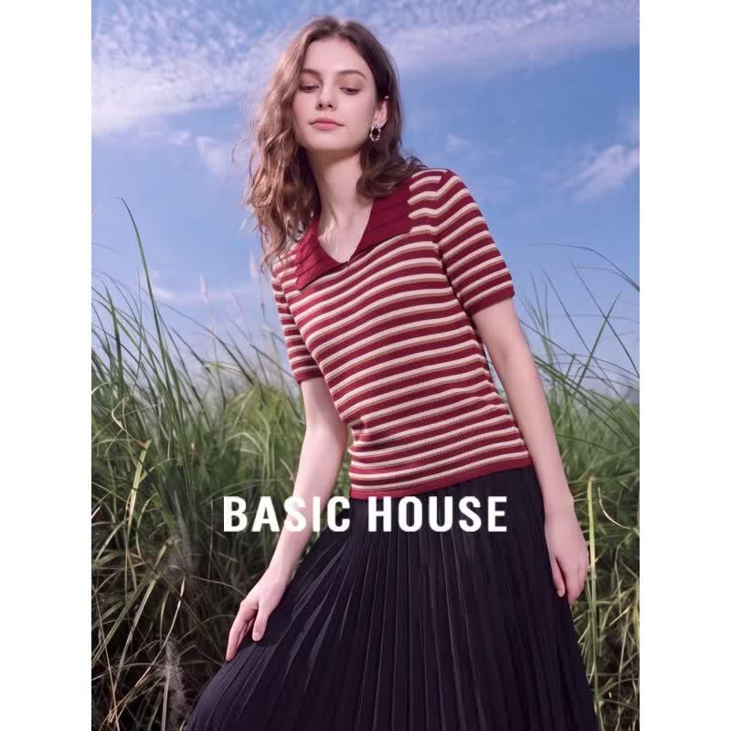 Basic House Women s Striped Knit Short Sleeve T-Shirt M