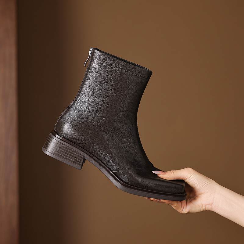 Krazing Pot Sheepskin Winter Square Toe Western Boots Med Heels Zipper Women Ankle Boots