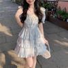 Blue square neck lace edge dress summer design sense heavy industry floral puff dress girls vacation skirt