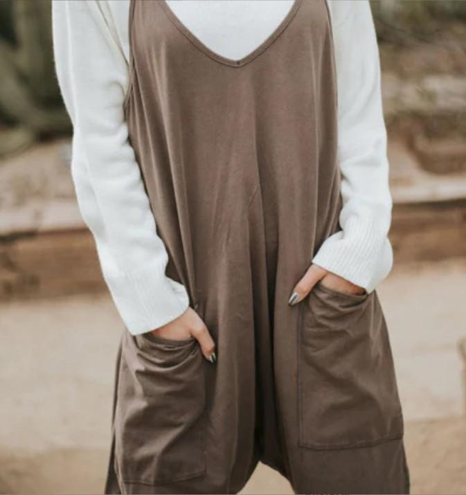 Damen Verstellbarer Träger Jumpsuit Lässig Locker Ärmellos Harem Romper mit Taschen