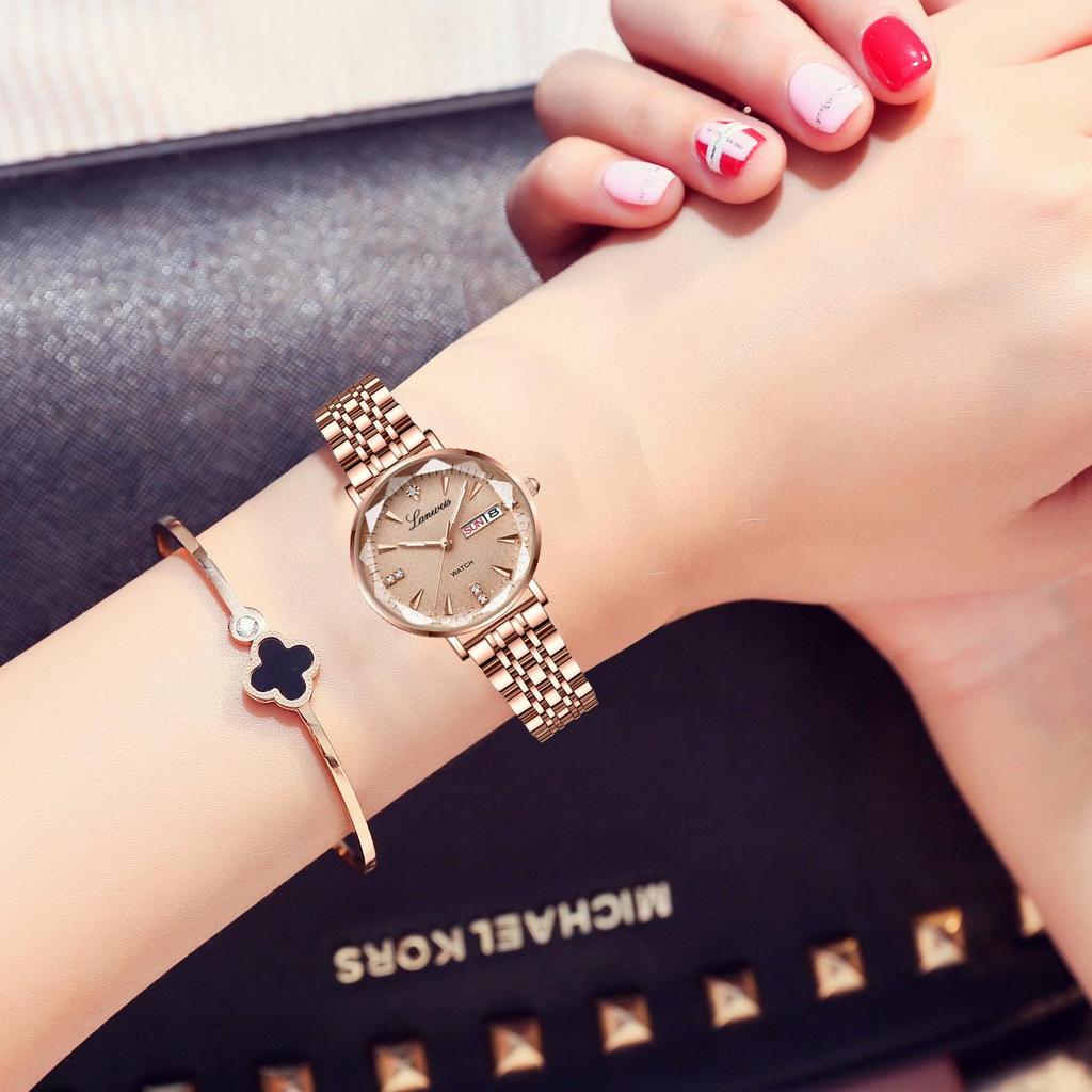 Swiss English-Chinese Women's Watch: Fashionable Butterfly Buckle, Luminous, Waterproof, Stainless Steel Band, Calendar Feature.