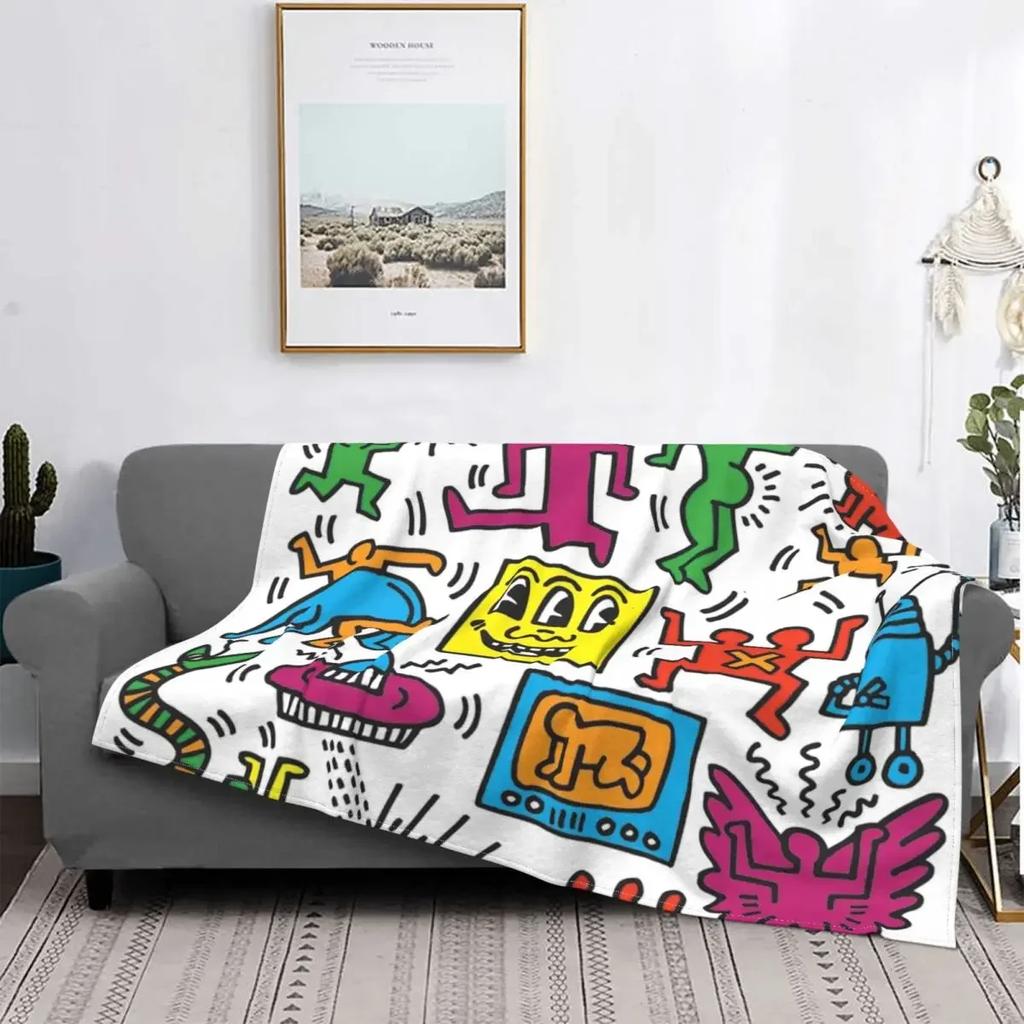Dancing In The Wind Colorful Theme Flannel Throw Blanket Soft Cozy Haring Geometric Paintings Art for Bedroom Couch Home Decor