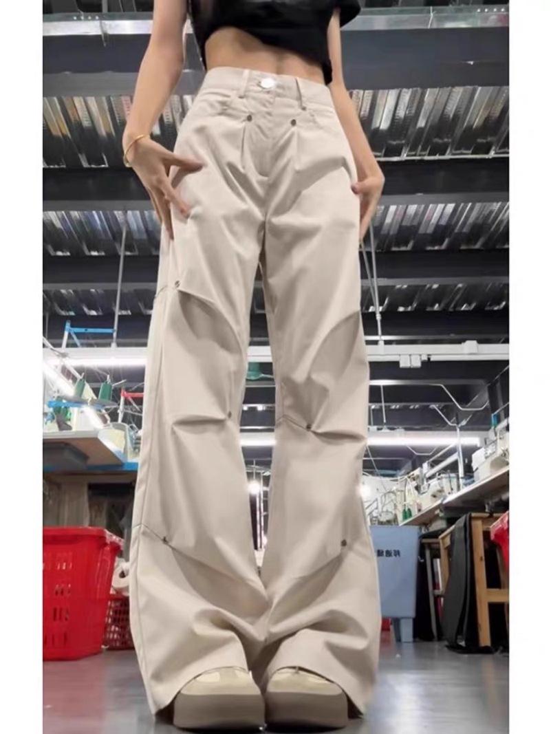 

Women s Khaki Rivet Work Pants, 2026 Spring/Summer, High Street American Sport Style, Casual Straight Wide-Leg. S легкие хаки