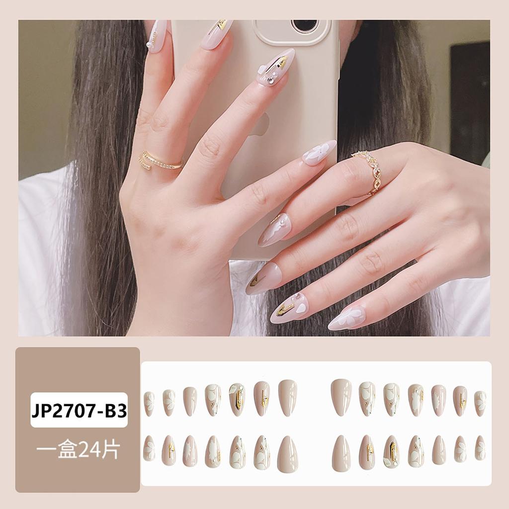 24-Piece Neutral Press-On Nails Set with Metallic Accents, Reusable False Nails for Easy DIY Manicure